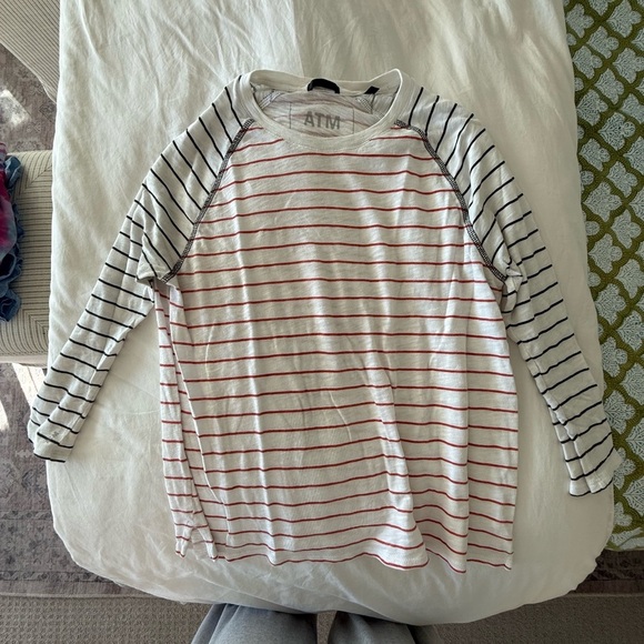 ATM Anthony Thomas Melillo White and Black Striped Raglan Tee - Picture 2 of 5